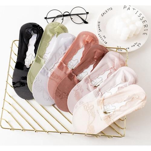 Women Lace Sock Slippers Fashion Color New Spring Summer SlippersTransparent Lace Summer Thin Women Mesh Invisible Socks Sweet