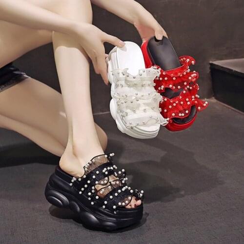 Large Size 35-40 Sweet Pearl Pure Color Mesh Elegant High-Heeled Slope With Ladies Slippers Summer New Fashion