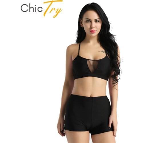 ChicTry Women Sleeveless Mesh Splice Gymnastics Ballet Shorts Crop Tops Set Adult Activewear Sports Fitness Stretchy Dance Wear