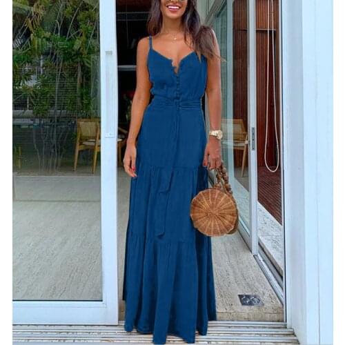 Women Sleeveless Backless Button Lace Up Long Dress Sexy V Neck Stitching Spaghetti Strap Summer Lady Ruffles Robe Party Dresses