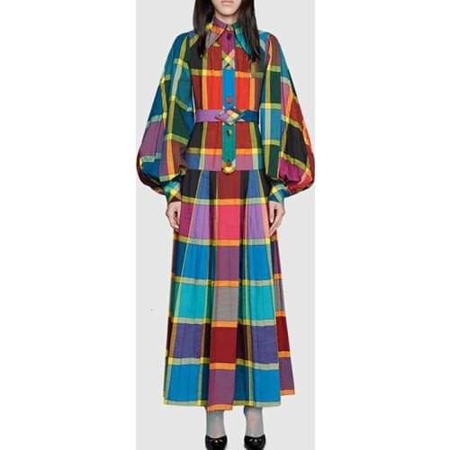 Hit Color Dress For Women Lapel Collar Long Lantern Sleeve High waist Symmetrical Check Midi Female Dresses Fashion