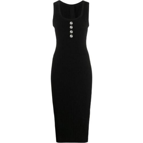 S-XL High Quality 2021 Knitted Wool Stretch Big Slim Round Neck Sleeveless Silver Button Sling Women Dress In Three Colors