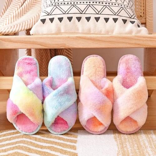 Winter home warmth rendering cross slippers Korean womens indoor home warmth anti-slip fur slippers winter