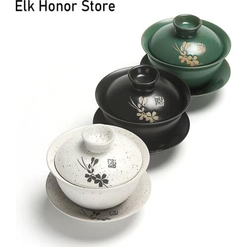 150ml Japanese Style Coarse Pottery Kiln Fambe Sancai Tureen Personal Handmade Arabesquitic Gaiwan Chrysanthemum Tea Teaware