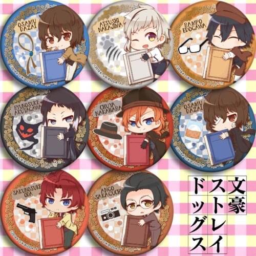 8PCS/set Japan Anime Badge 58 mm Bungo Stray Dogs Cute Badges Brooch Round Pin Backpack Bags Collection Cartoon Accessories