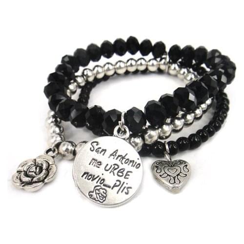 Free Shipping 3 row Black semi precious stone &10mm crystal glass Beads bracelet with rose flower, heart metal charm bracelet
