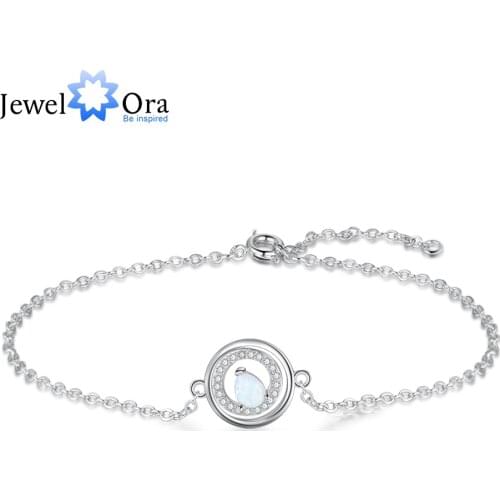 JewelOra Designer Silver Color Circle Adjustable Chain Bracelet for Women Water Drop Shaped White Fire Opal Blacelets & Bangles