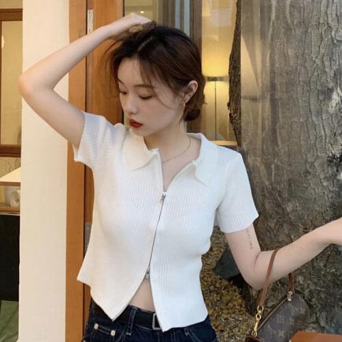 Woman TShirts Summer Double-Headed Zipper Short-Sleeved Knitted Sexy Stretch Top for Women Crop Top Mujer Camisetas