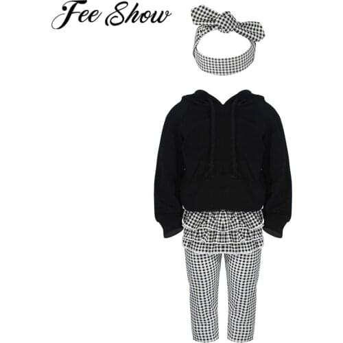 Newborn Lovely 3Pcs Baby Girl Clothes Set Hooded Pullover Tops Printed Plaid Pants with Plaid Headband Infant Clothing Outfits