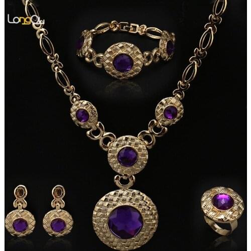 Ethiopian Jewelry Set round Necklaces/Clip Earrings/Ring/Bangle with puple Crystal Gold Color women Party Gift Statement Jewelry