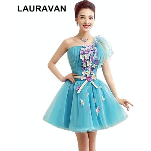 Beautiful blue one shoulder girl teens lace up back blue bridesmaids party dresses 2020 sweetheart ball gown dress 2019