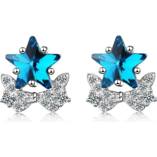 WYJZY Bow Blue Crystal Lady Stud Earrings Beautiful Star Simple Lady Earrings Exquisite Lady Christmas Gift