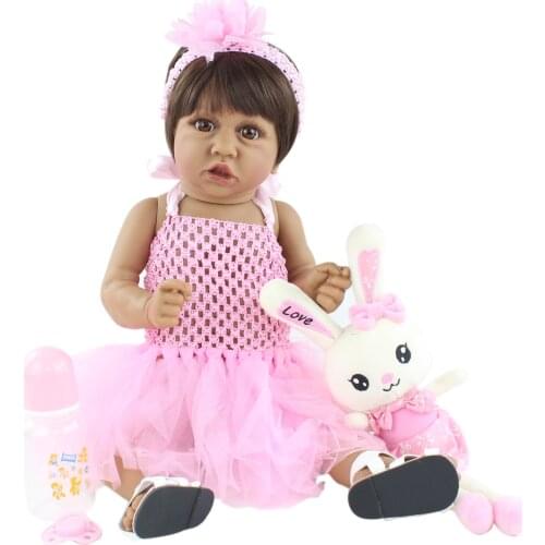 New Face 55cm Full Body Soft Silicone Baby Reborn Girl Dolls Lifelike Brown Skin Vinyl Boneca Birthday Gift Bathe Toy Dress Up