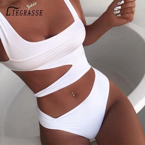 Liegrasse Hollow One Piece Swimwear Sexy Female Solid Padded Bathing Suit Fashion Push Up Bikini Beach Wear