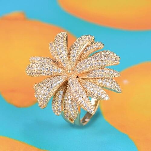 Blachette Trendy Flower Shape Dubai Indian Wedding Jewelry Cubic Zirconia Inlaid Engagement Finger Rings Parure Bijoux Femme