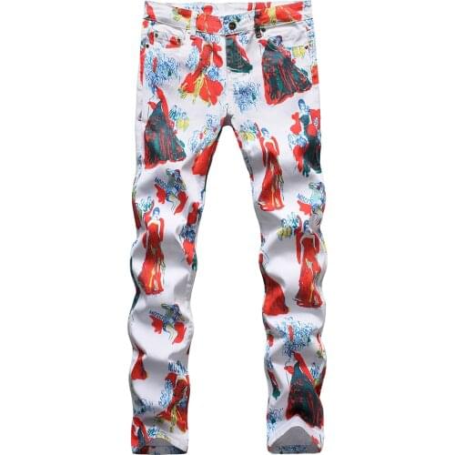 Mens Beauty Girl Print Jeans Fashion Red Painted White Stretch Thin Denim Pants Trousers