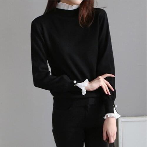 New 2020 Women Pullover Sweater Fashion Spring Autumn Slim Long Sleeve Patchwork Chiffon Ruffles Knitted Tops Korean Sweater