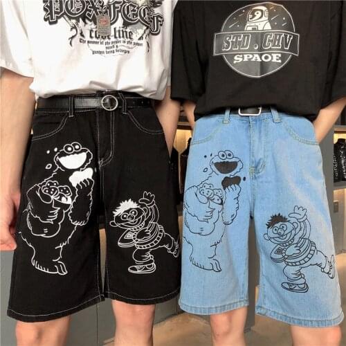 New Summer Denim Shorts Women 2020 Ins Vintage Printed Denim Pants Cotton Loose Five Pants Harajuku Cartoon Denim Shorts Female