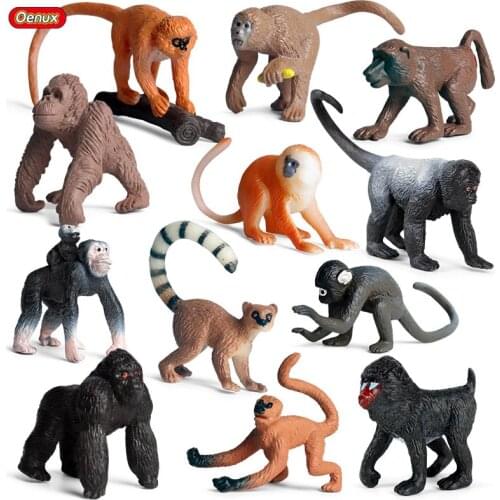 Oenux Mini Original Wild Animal Monkey Gibbon Chimpanzee Orangutan Apes Model Action Figures PVC Learning Collection Kid Toy