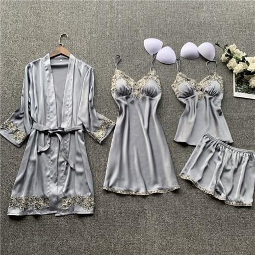 2020 Autumn Winter Faux Silk Pajamas Set Women Sexy Sleepwear For Pyjamas Women Strap Nightwear 4pcs Robe&Gown Sleep Lounge Set