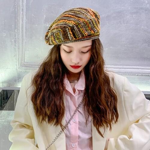 French Designer Beret Hat for Women Bohemian Baret Cap Ladies Winter Tie Dye Striped Retro Novelty Painter Octagonal Hats