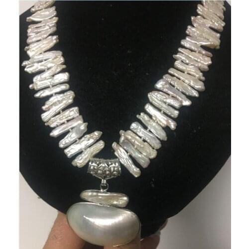 Genuine Natural 25mm WHITE biwa dens freshwater pearl necklace mabe pendant Beads Jewelry silver Exquisite