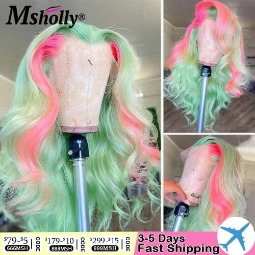 Highlight Wig Human Hair Green Pink Loose Wave Lace Front Wig 13x4 Lace Front Human Hair Wigs Brazilian Closure Wig For Women