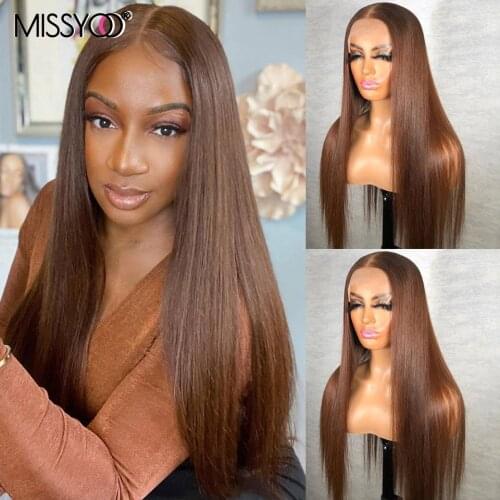 Straight Human Hair Wig Brown Color 4x4 Lace Closure Wig Baby Hair Brazilian Remy Wig 13x1 T Part Lace Wigs For Black Women 26In