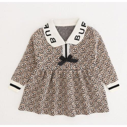Girls' Dress Autumn and Winter 2021 Little Girl Baby Collar Bow Long Sleeve Knitted Dress