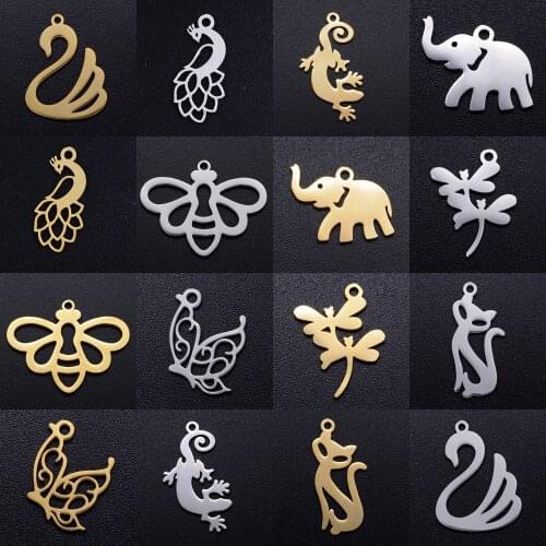5pcs/lot Animal Cat Kitty DIY Charms Wholesale 100% Stainless Steel Peacock Pendant Butterfly Dragonfly Bee Connectors Charm
