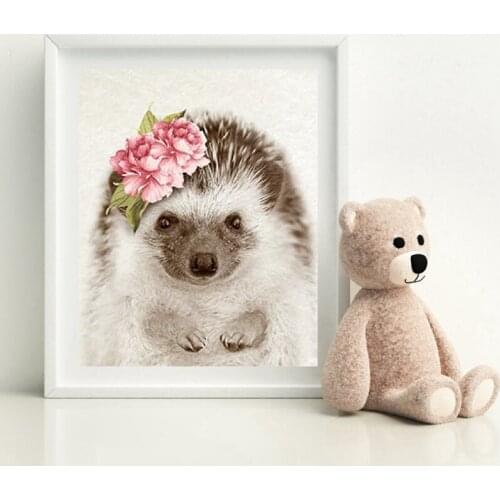 Hedgehog Woodland Nursery Animal Wall Art Canvas Poster Print Watercolor Flower Cute Baby Hedgehog Painting Baby Room Decoration