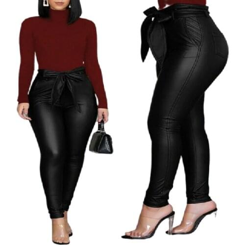 2020 new Belt High Waist Pencil Pant Women Faux Leather PU Sashes Long Trousers Casual Sexy Fashion Pants