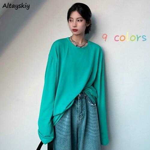 T-shirts Women Solid Elegant Teenagers All-match Korean Style O-Neck Female Long Sleeve Tees Candy Colors Casual Simple Stylish