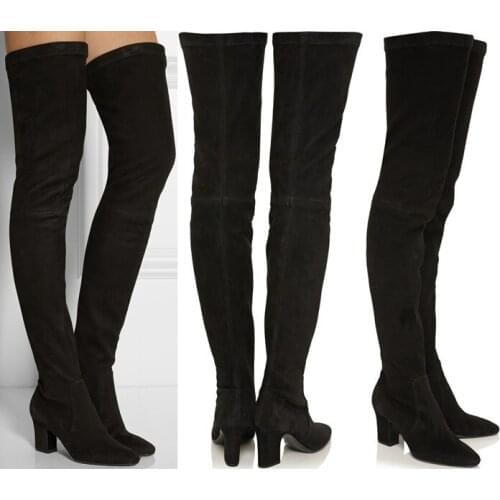 Women winter long boots classic black suede leather square heel over-the-knee boots concise design fashionable female shoes woma