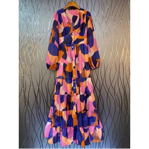 Bohemian Long Dress 2021 Autumn Style Women V-Neck Geometric Prints Button Front Long Sleeve Casual Party Long Maxi Dresses