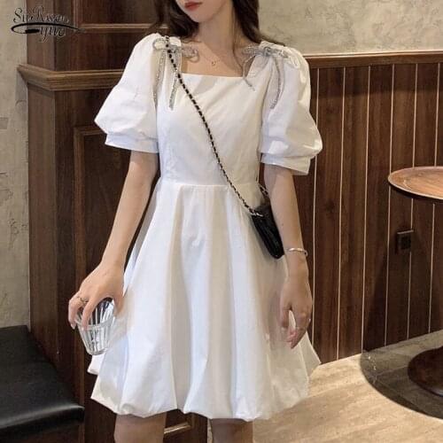Chiffon Elegant Vintage Party Dress New Summer Mini Dress Women White Korean Puff Sleeve Square Collar Dress Sukienki 14556