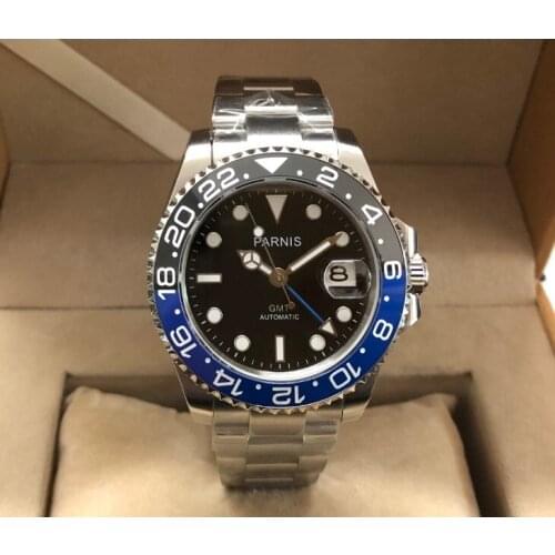 40mm PARNIS Sapphire Crystal GMT Automatic machinery movement luminous mens watches Black & blue ceramic bezel xjp230A