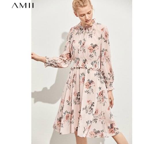 Amii Minimalism Summer Fashion Womens Dress Fashion Floral Printed BowNeck High Waist Womens Beach Dress Summer Dress 11940402