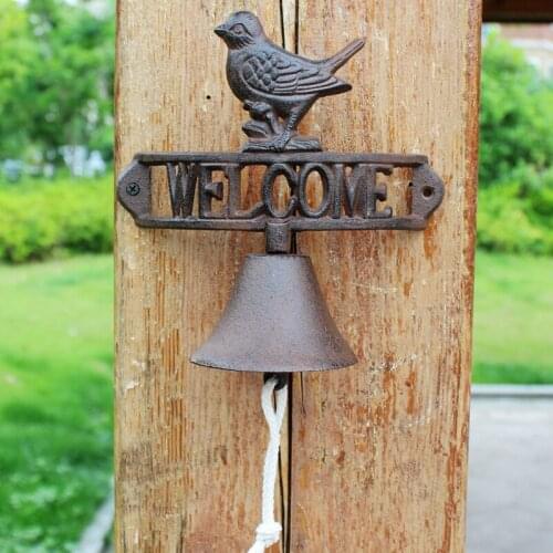 Antique Rustic Bird With Hollow Letters Signs Arc Cast Iron Wall Mounted Hand Cranking Welcome Bell Farm House Handmade Craft