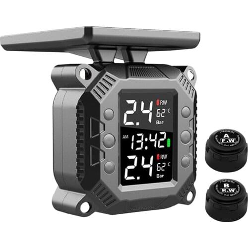 Wireless Tire Pressure Monitoring System, 7 Alarm Modes Motorcycle Solar Charging Waterproof TPMS with External Sensors