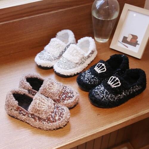 Kids Shoes Girls Shoes Glitter Rhinestone Princess Shoes Winter Warm Cotton Shoes Girls Loafers