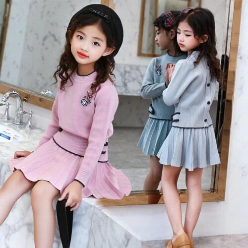 Kids Girls Knit Skirt Sets Fall 2019 Teenage Girls Long Sleeve Sweater Top & Tutu Skirt 2 Pcs Clothing Sets Kids Knitwear Set