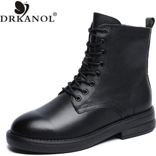 DRKANOL Fashion British Style Martin Boots Women Side Zipper Flat Heel Lace Up Ankle Boots Ladies Genuine Leather Warm Boots