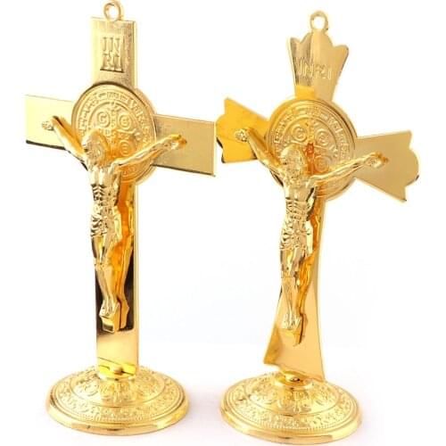 Gold Color Fashion Jesus Catholic Christian Holy Crucifix Ornaments Cross Emmanuel Jesus Cross Statue with Base Figure Figurine