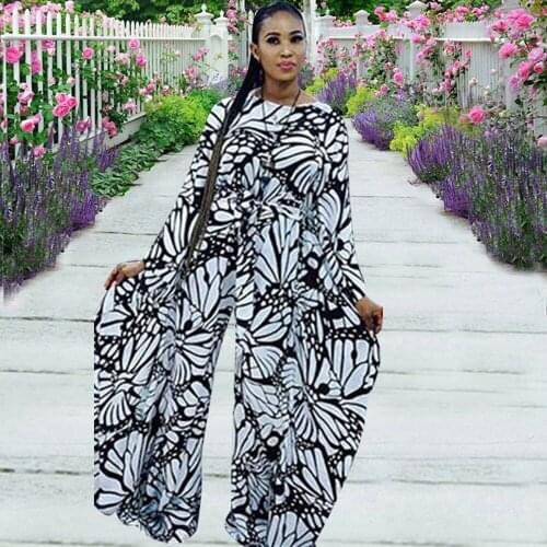 2021 Junpsuits Women Summer Vintage Printed Wide Leg Pants Beach Romper O-neck Bat Sleeve African Female Holiday Clothes Loose