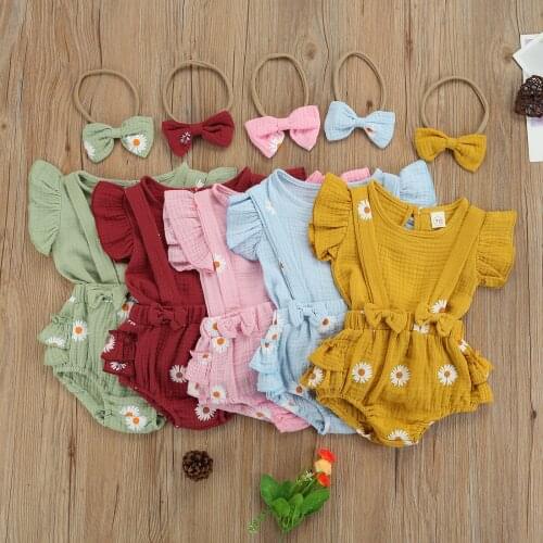 3 Pcs Baby Girls Clothes Outfits Solid Color Fly Sleeve Round Neck T shirt + Daisy Print Suspender Pants + Bowknot Headband