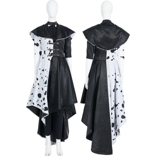 Movie Cruella Cosplay Costume Leading Role Fashion Black And White Overcoat With Spots Fancy Carnival Party Coat