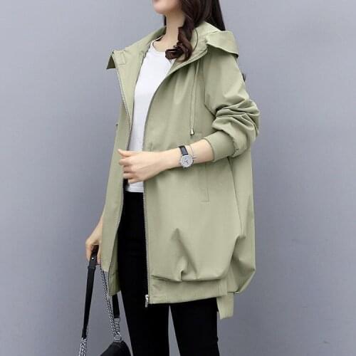 Nice Spring and Autumn Han Khaki loose casual hooded windbreaker female mid-length black coat trench coat for women