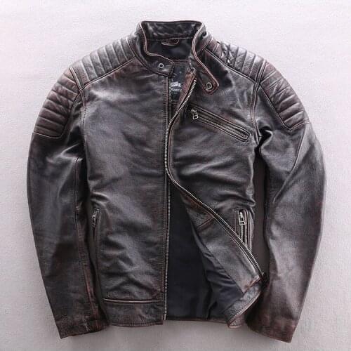 2018 Motorcycle Biker Genuine Leather Jacket Man Cowhide Real Leather Coat Vintage Black Standing Collar Slim Fit Short Clothing
