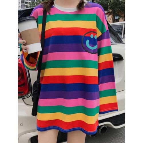 Punk Spring Causal Tshirt Strteetwear Women Striped T-shirt Rainbow Shirt Female Harajuku Kawaii Loose Top Shirts Plus Size Girl